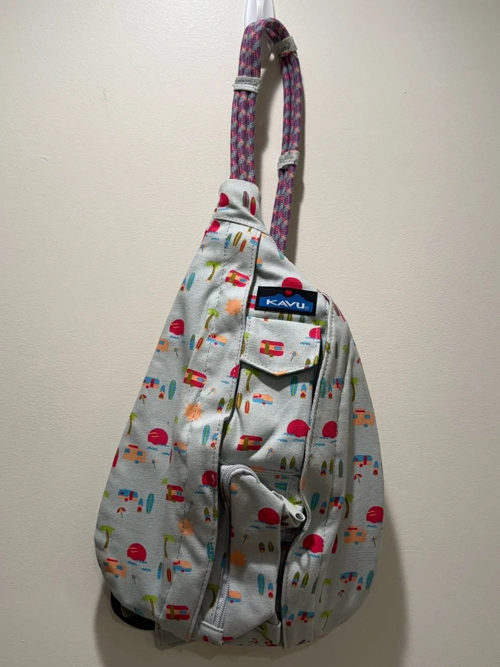Kavu Sling Bag in Light Gray with Pink and Teal Camper Print